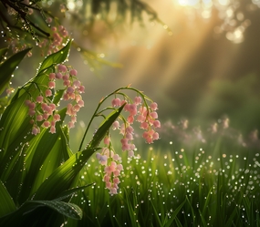 雨后阳光照耀下的粉色风铃花图片